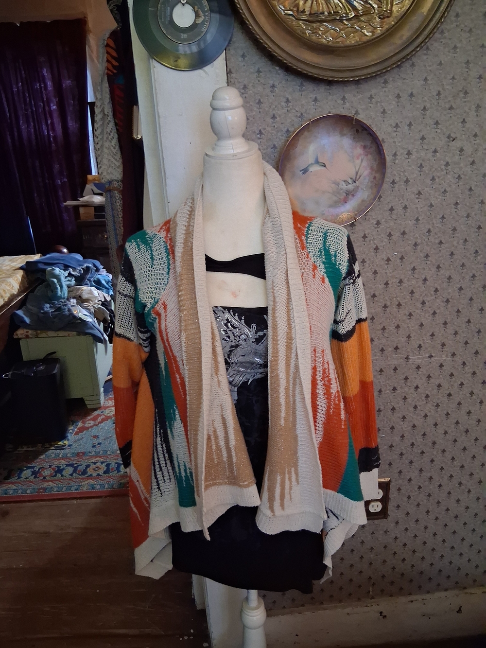 Open-Front Multicolor Knit Cardigan - Cream, Tan, Orange, Teal